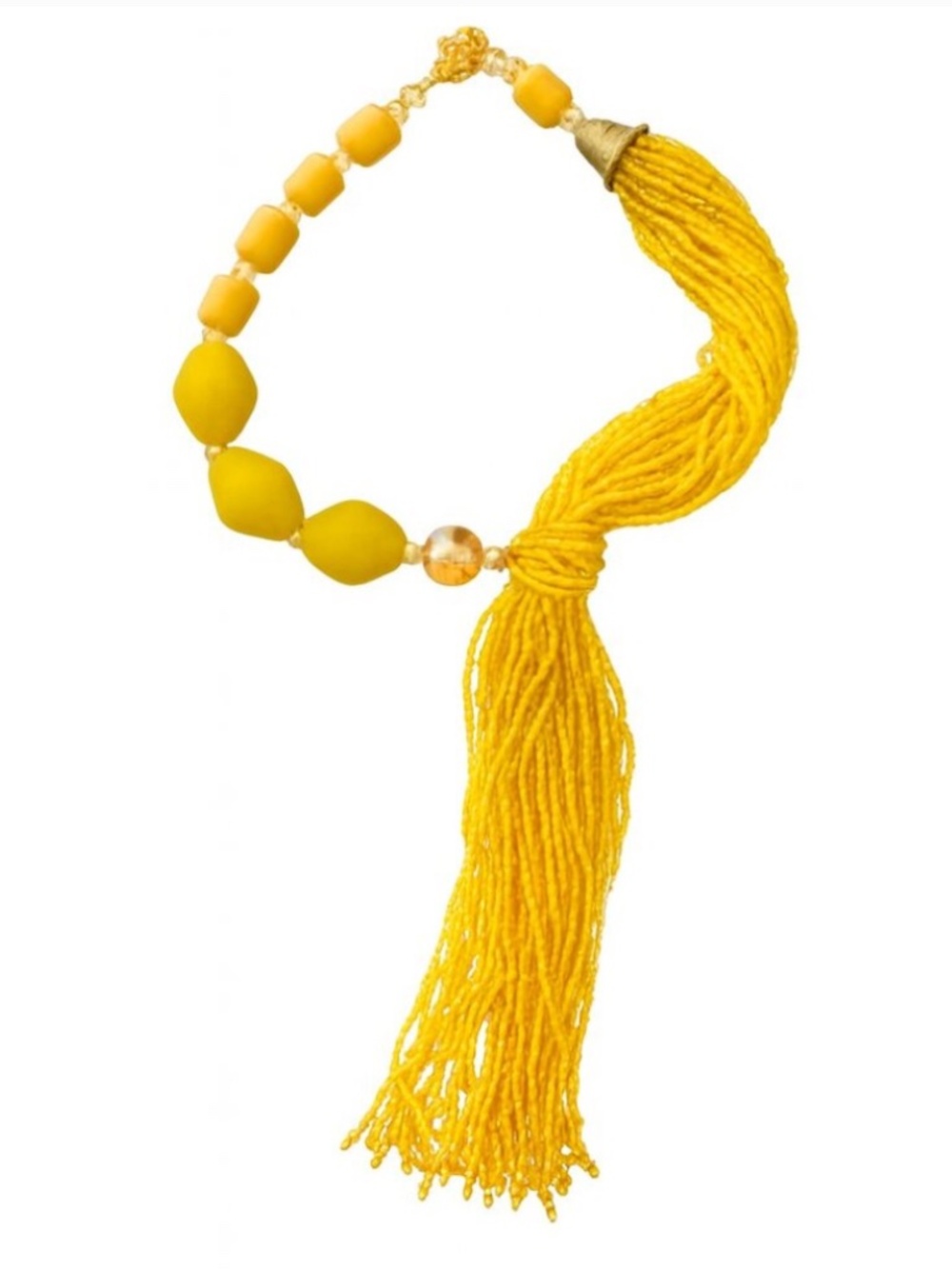 Vintage Yellow Recycled Glass Tassel Necklace - Fits at Collar, Choker Style